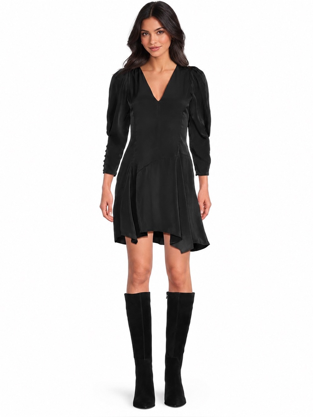 NWT IRO Emerila Black Sateen V-Neck Puff Sleeve Asymmetrical Mini Dress EU 42 US